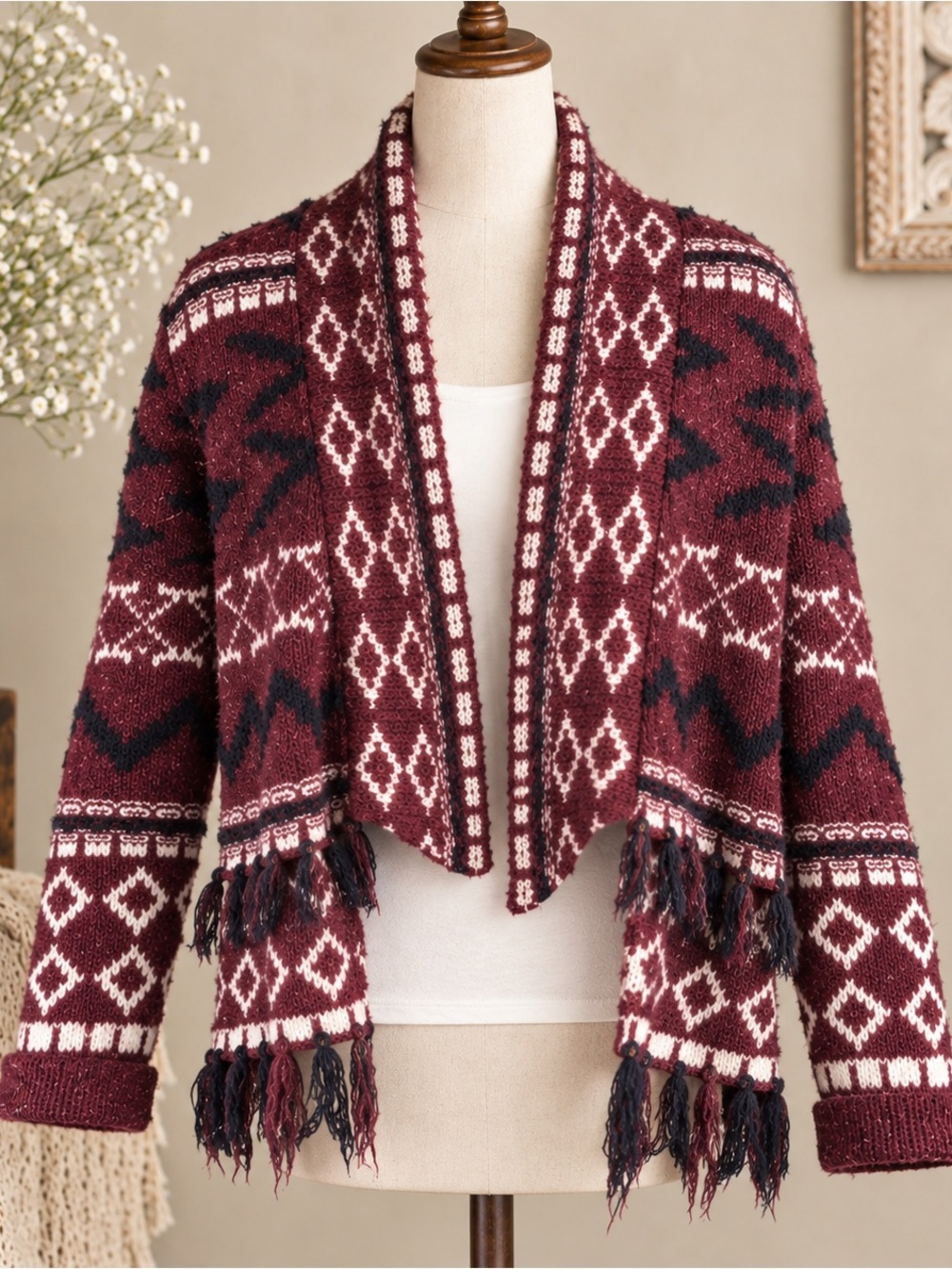 Anthropologie Moth Boho Fringed Knit Open Cardigan Sweater